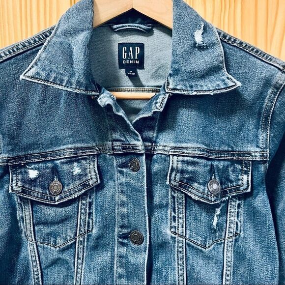 Gap Denim blue jean long sleeve crop distressed button up pockets jacket coat XS - Picture 2 of 6